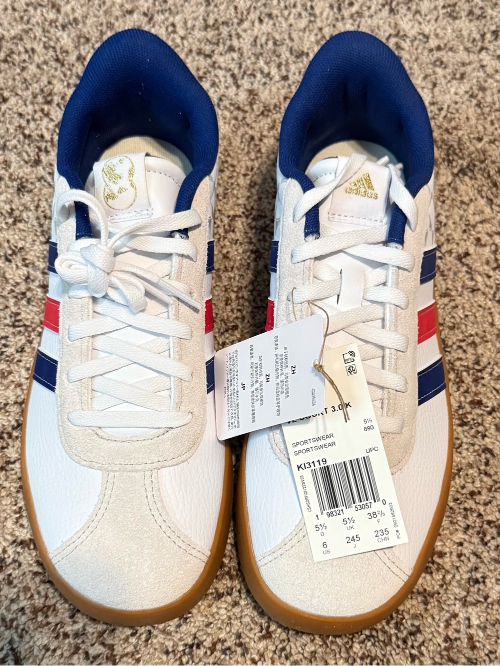 adidas Women’s White Sneakers with Blue & Red Stripes and Gum Outsole